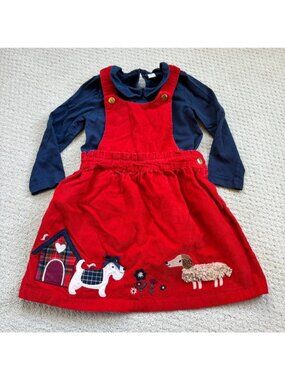 Tu red corduroy dog appliqué jumper dress